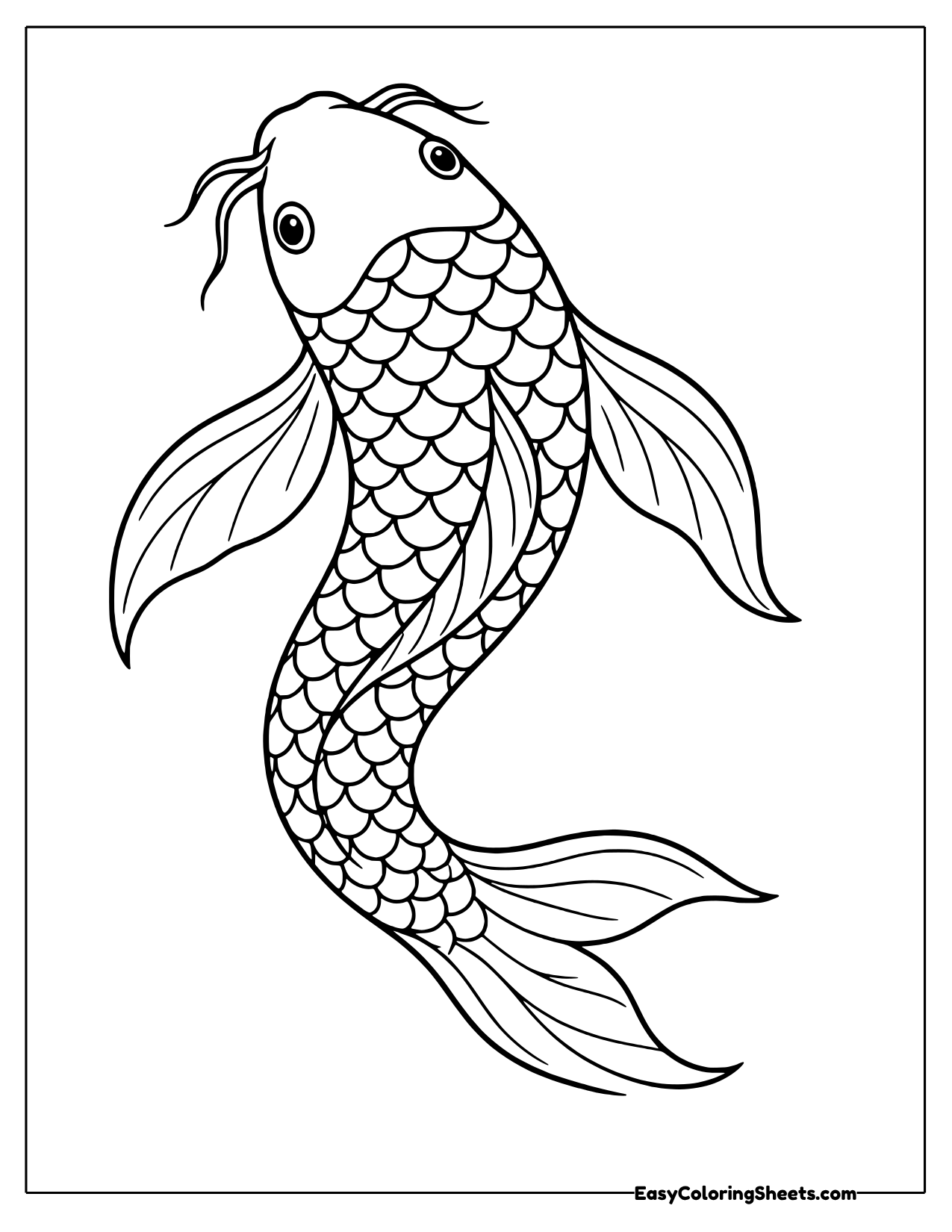 Koi fish with long flowing fins curving down the page