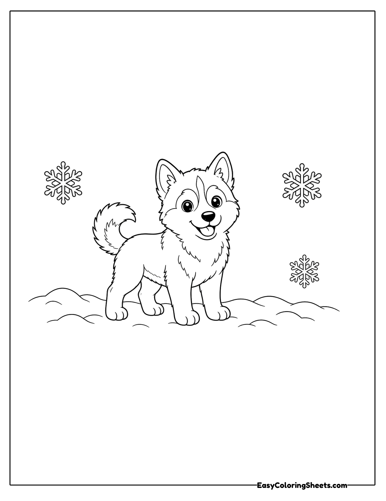 Small husky standing in the snow with snowflakes