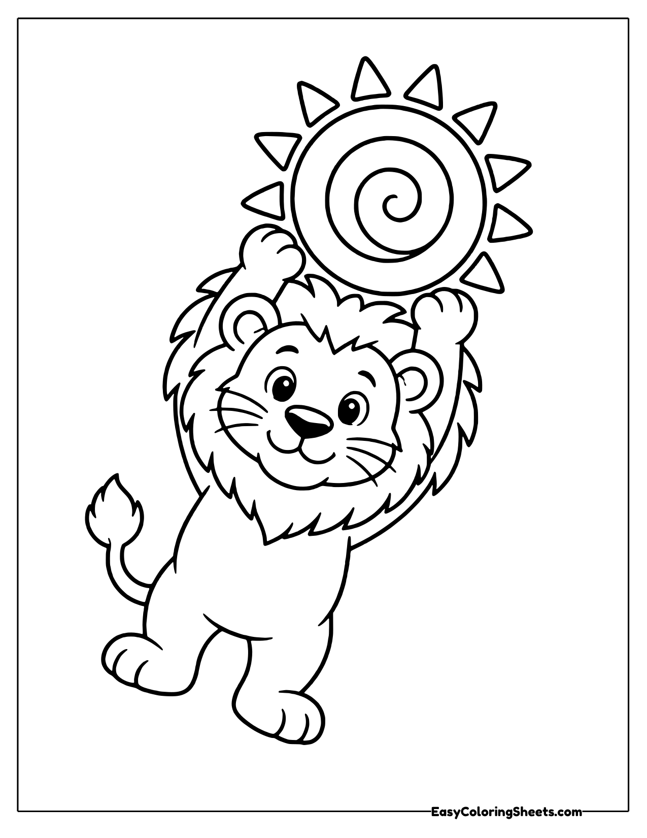 Smiling lion holding a big swirly sun with pointed rays above its head
