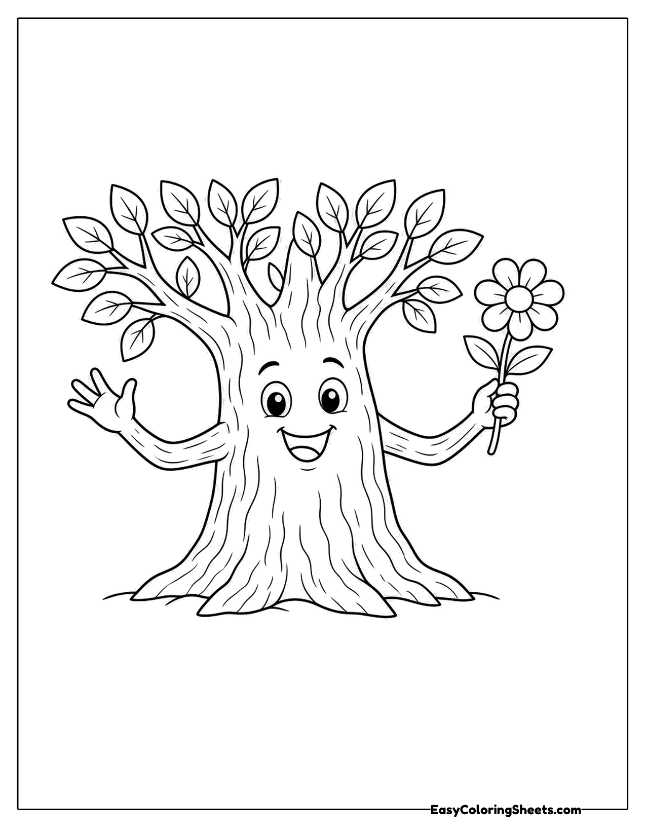 Tree character holding a flower with a leafy crown