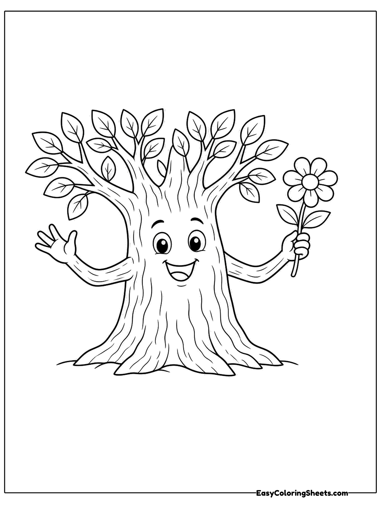 This friendly tree character holds a small flower in one twiggy hand while its leafy crown spreads above.