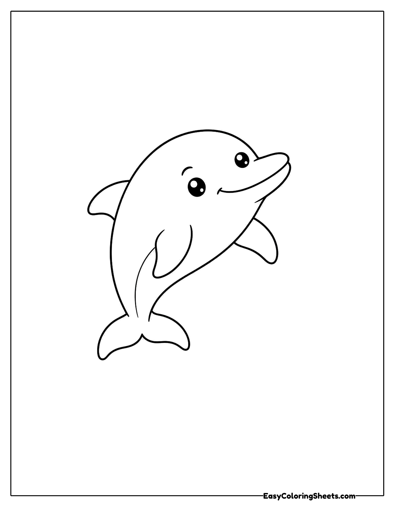 A small dolphin curves its body upward as if looking up at the sky, with its flippers spread and a cheerful smile.