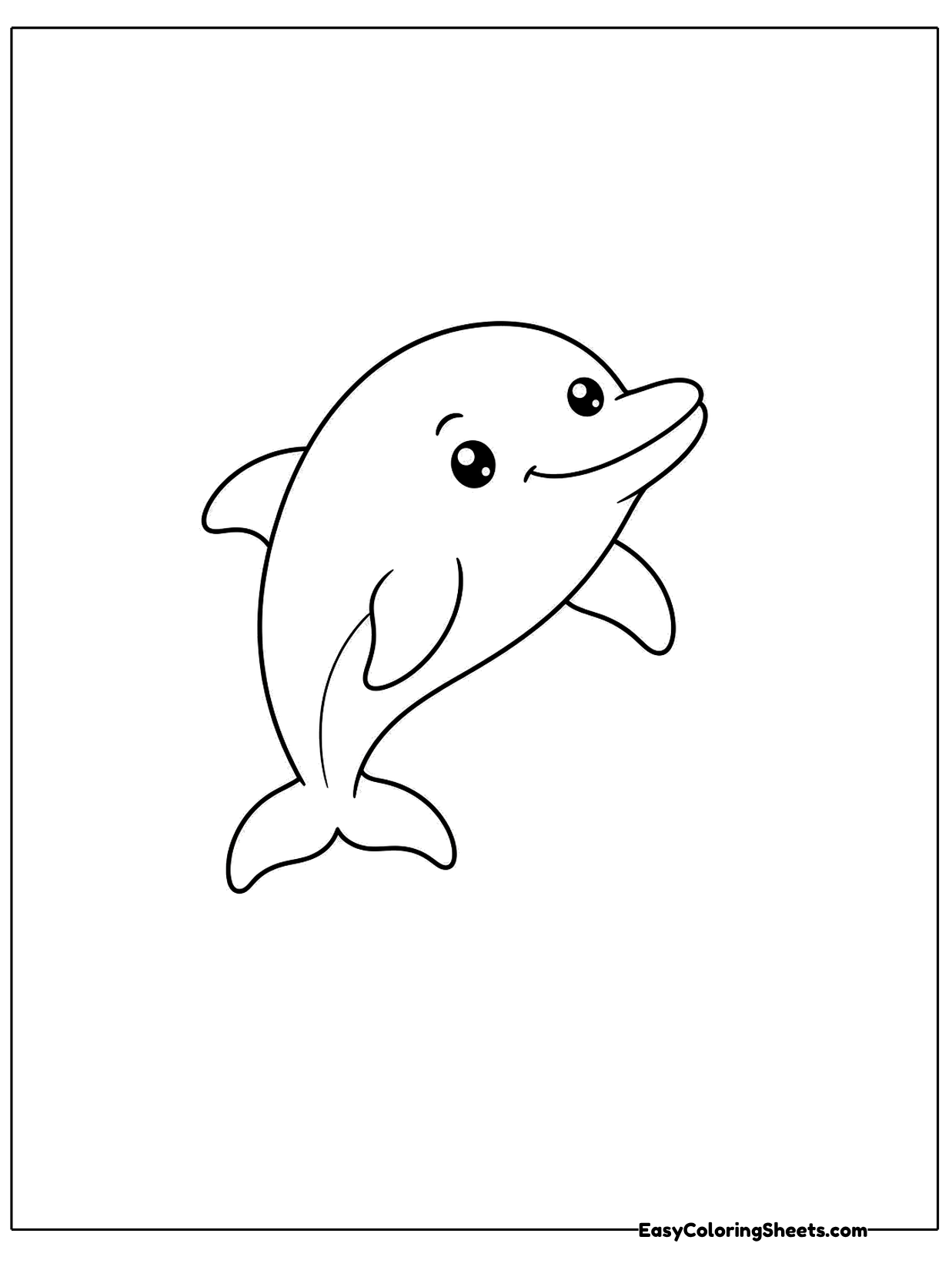 A small dolphin curves its body upward as if looking up at the sky, with its flippers spread and a cheerful smile.