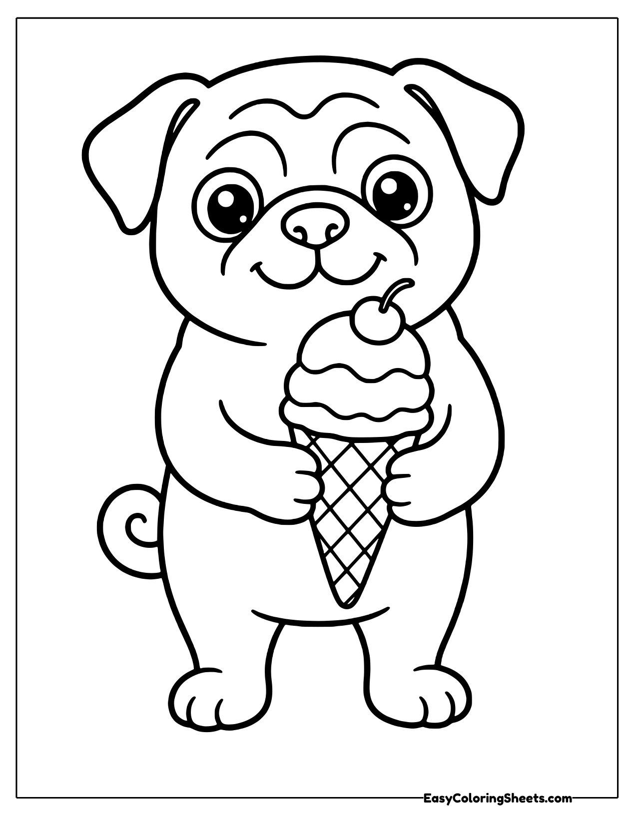 Happy pug holding an ice cream cone topped with a cherry