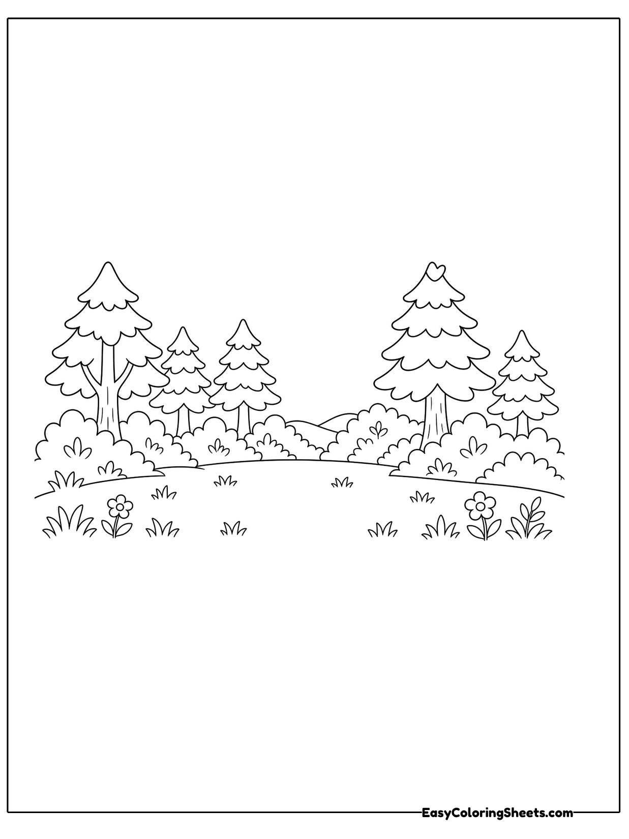 Rows of pine and leafy trees line the edges of a wide open meadow on this calm landscape page.