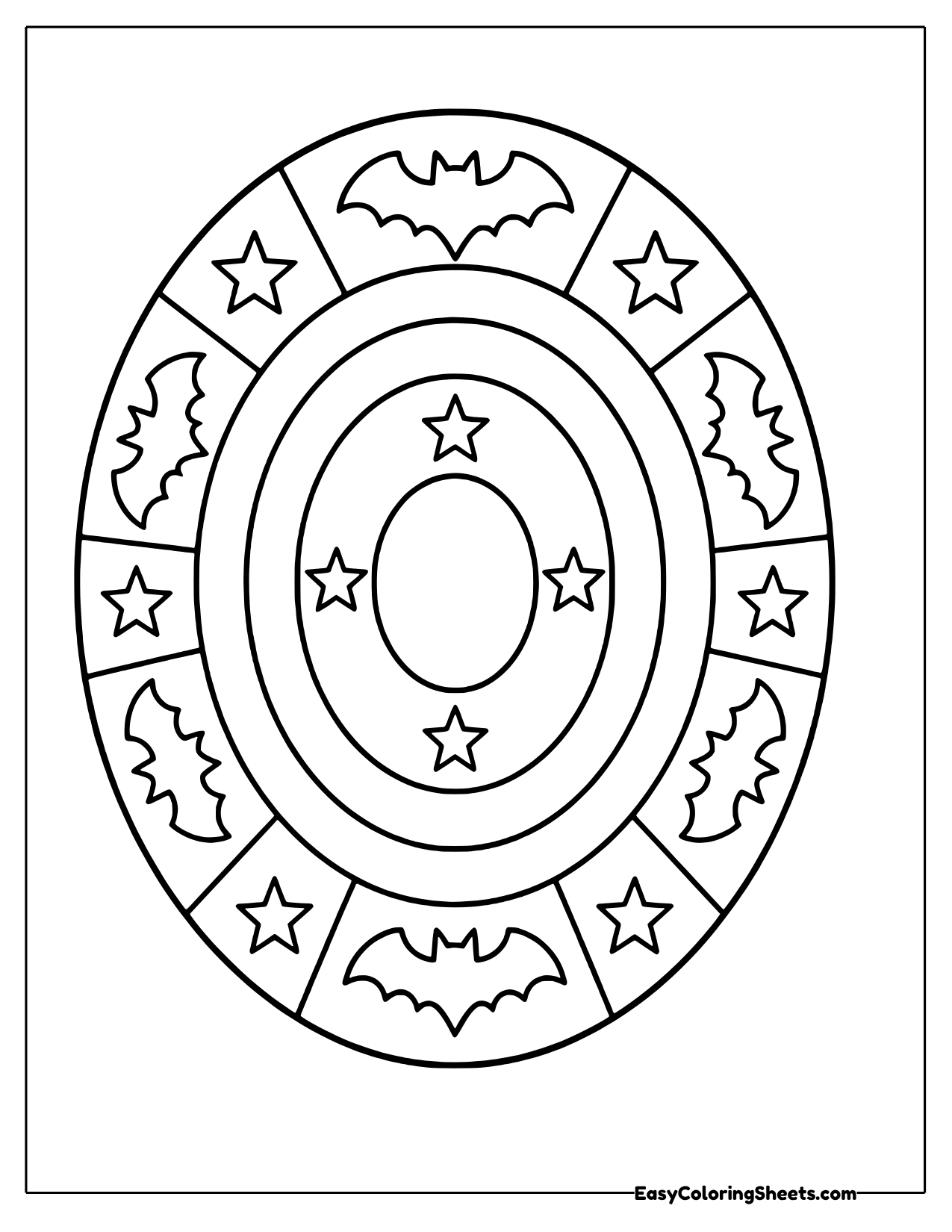 Geometric oval mandala with bands of bats and stars