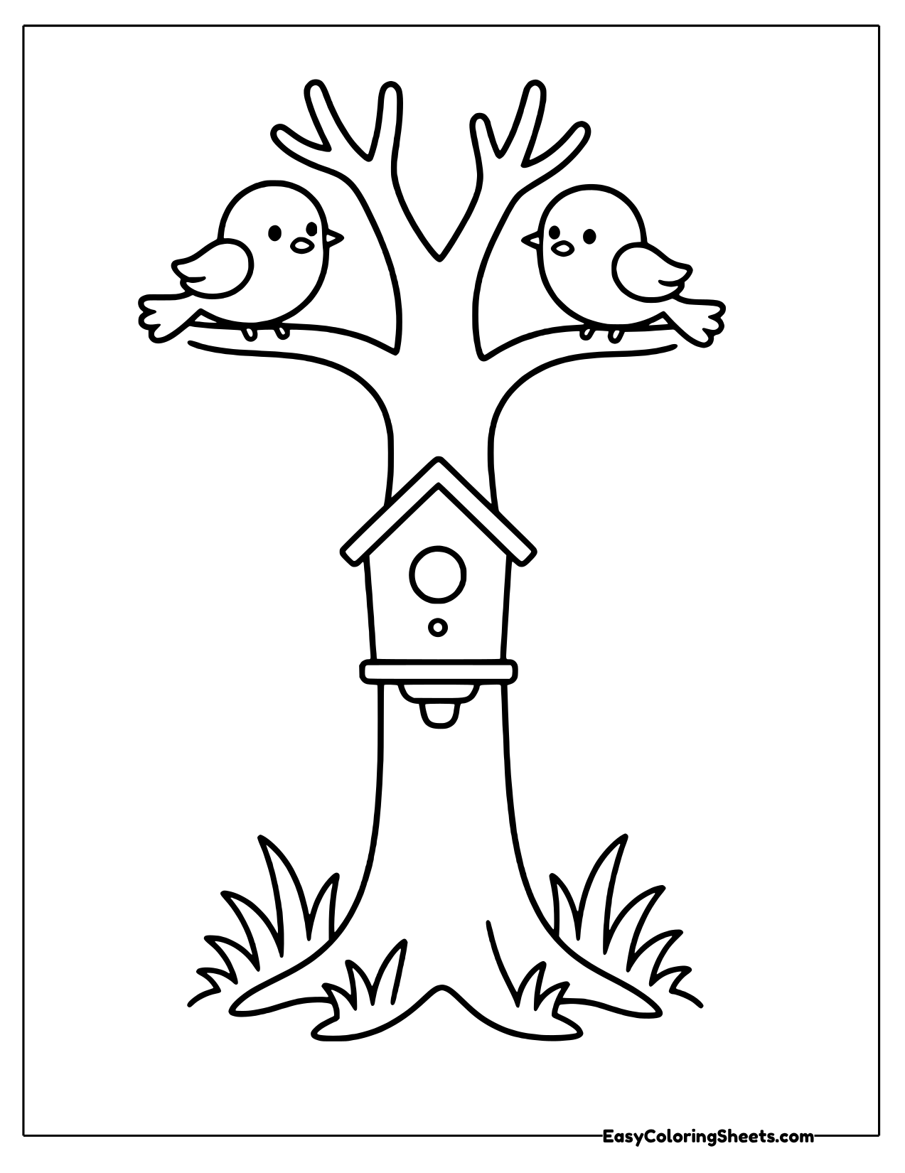Tree with a birdhouse and two birds