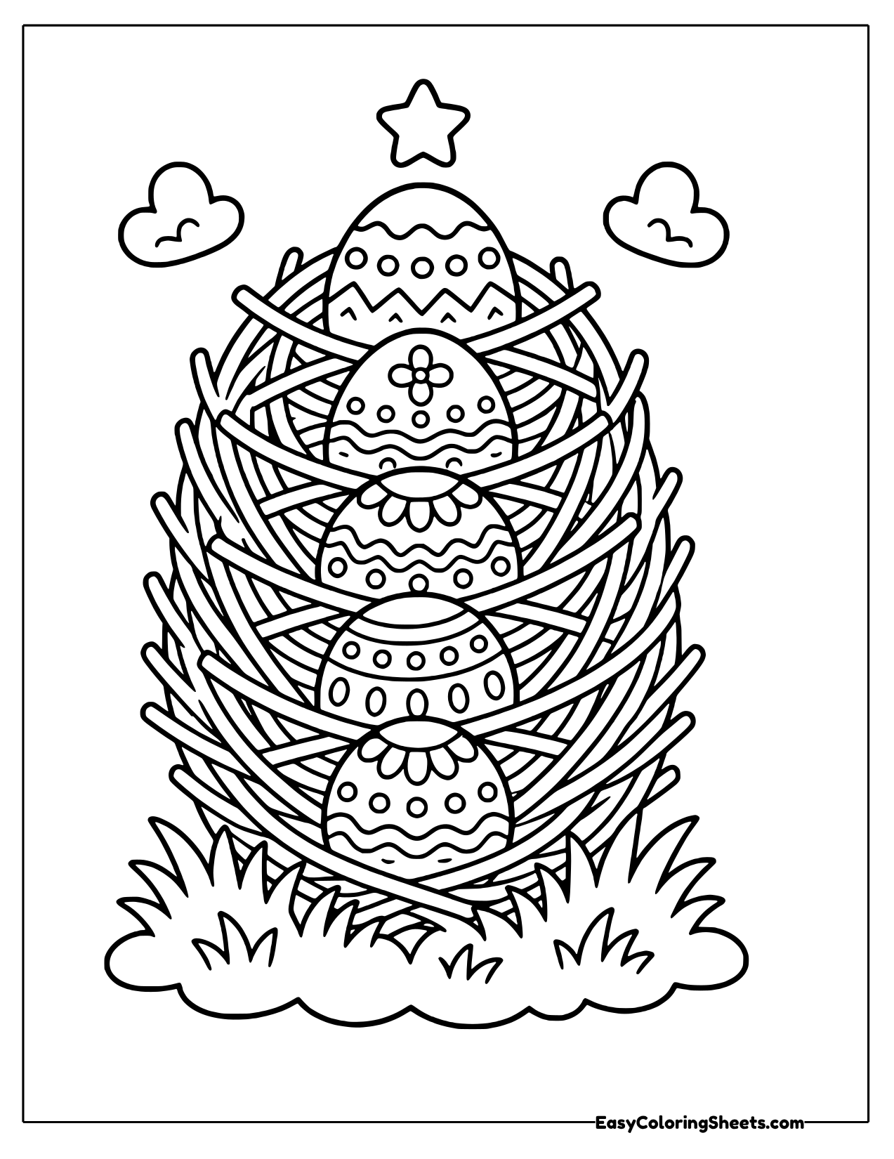 Tall nest filled with stacked eggs