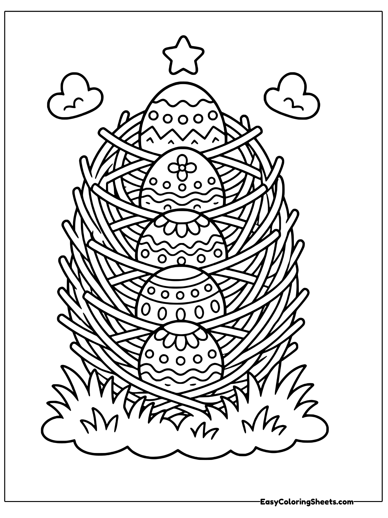 A tall woven nest holds a stack of decorated eggs with a star on top.