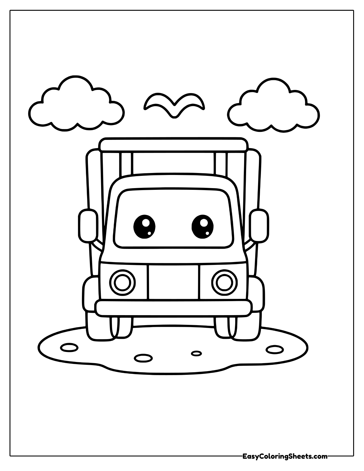 Smiling garbage truck under clouds