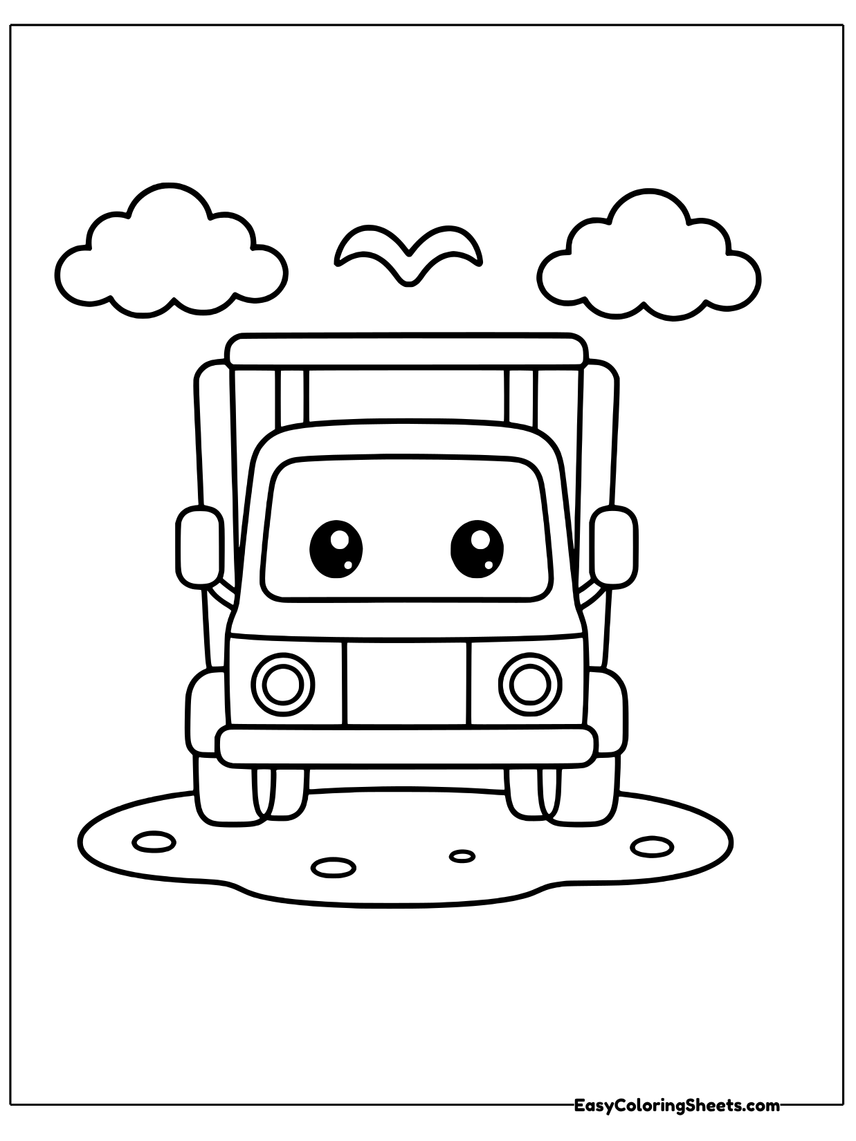 A garbage truck with a cheerful face stands on a patch of ground with clouds and birds above.