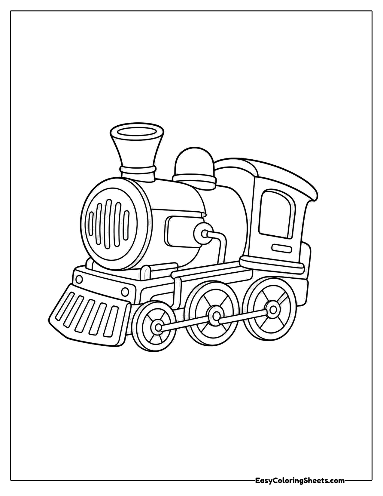 A steam locomotive shows off a round grille on its front, a smokestack, a cab and a row of wheels.