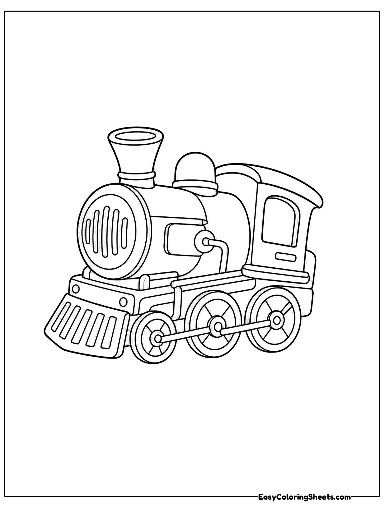 A steam locomotive shows off a round grille on its front, a smokestack, a cab and a row of wheels.