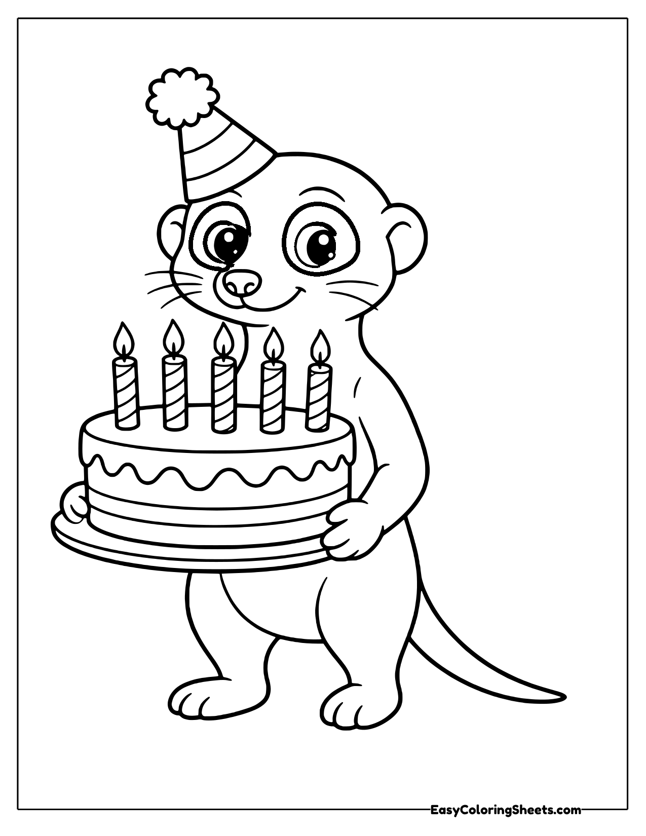 Meerkat in a party hat carrying a birthday cake with five candles
