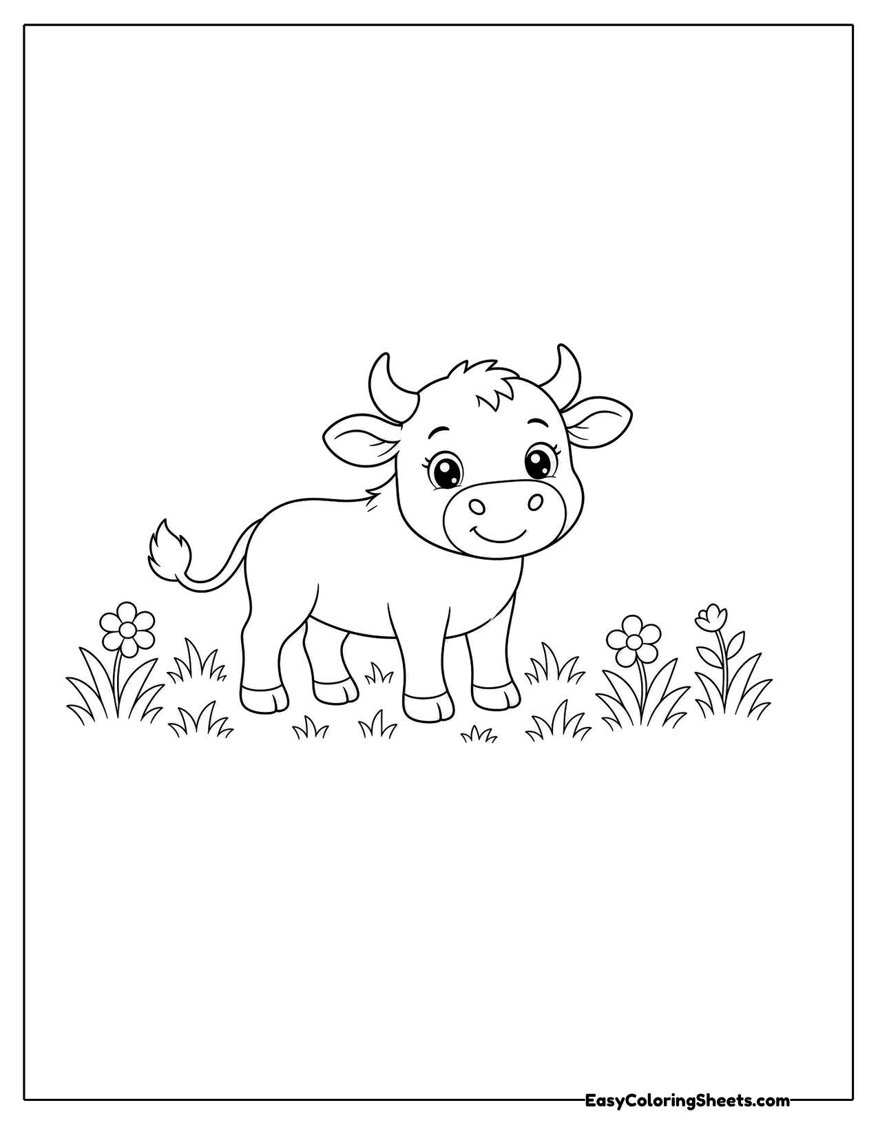 Small bull calf in a flowery field