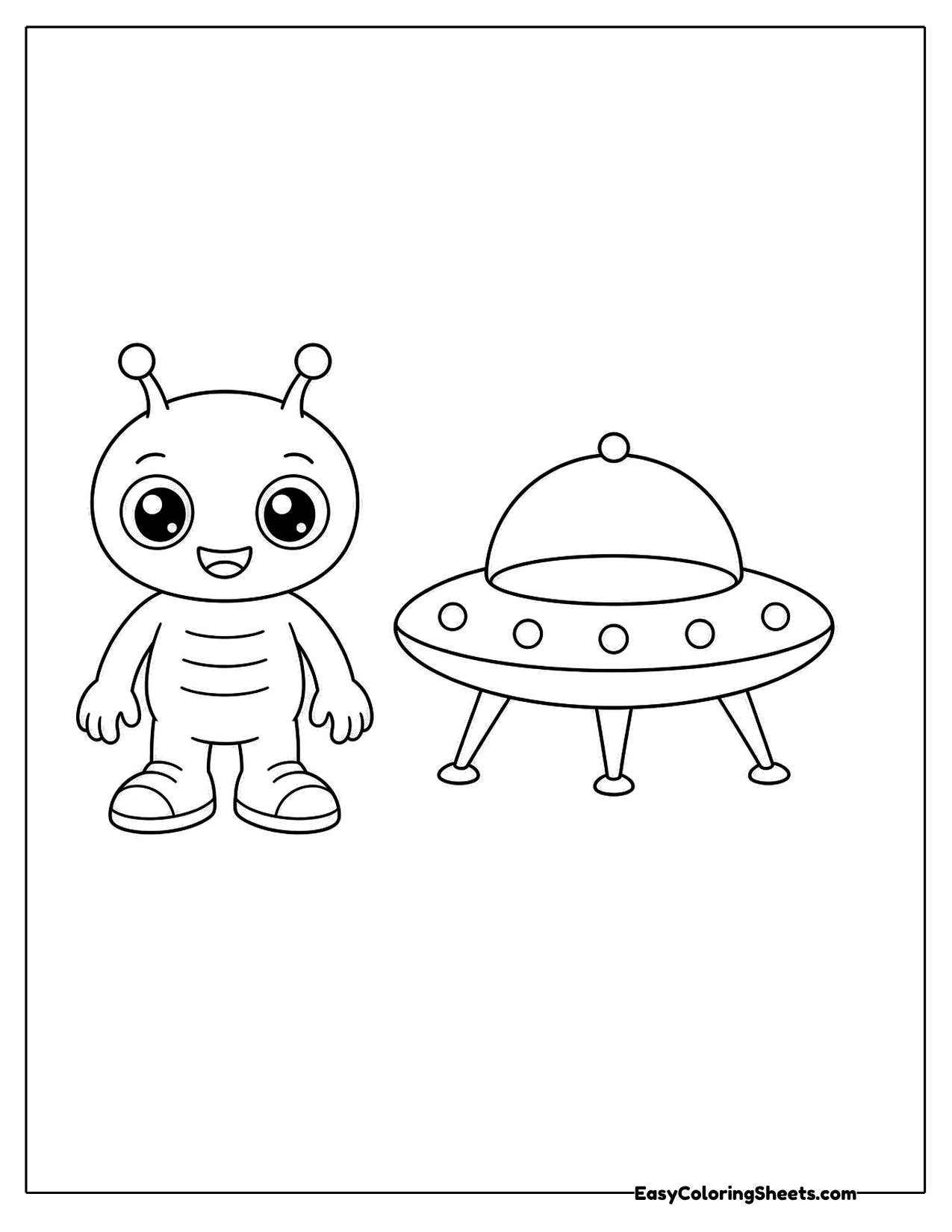 Small alien standing next to a flying saucer
