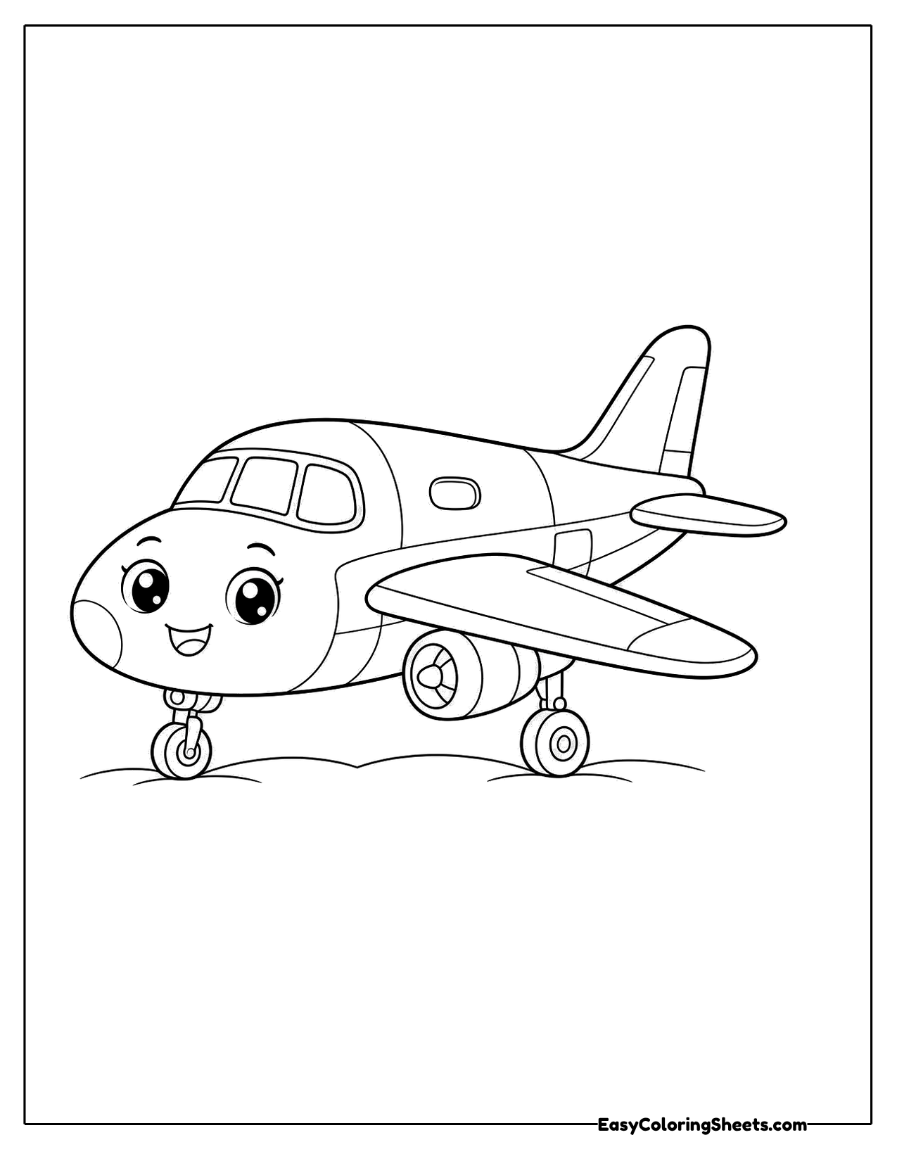 Smiling jet on a runway with wheels down