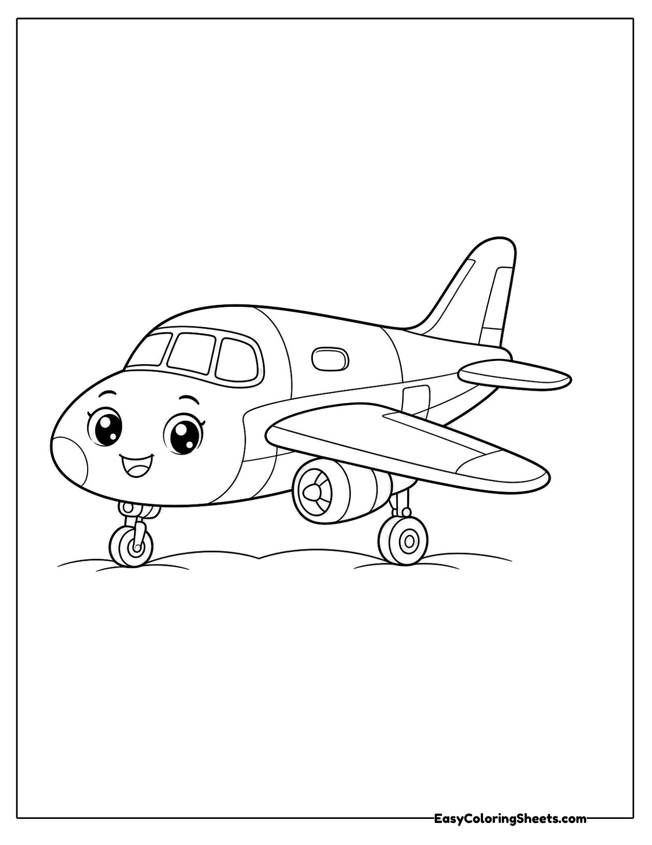 Smiling jet on a runway with wheels down