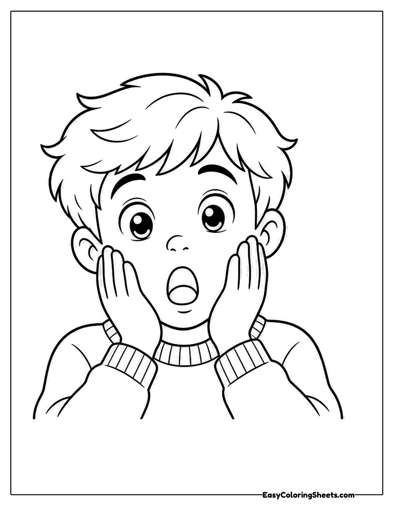 Boy with hands on his cheeks and a shocked face