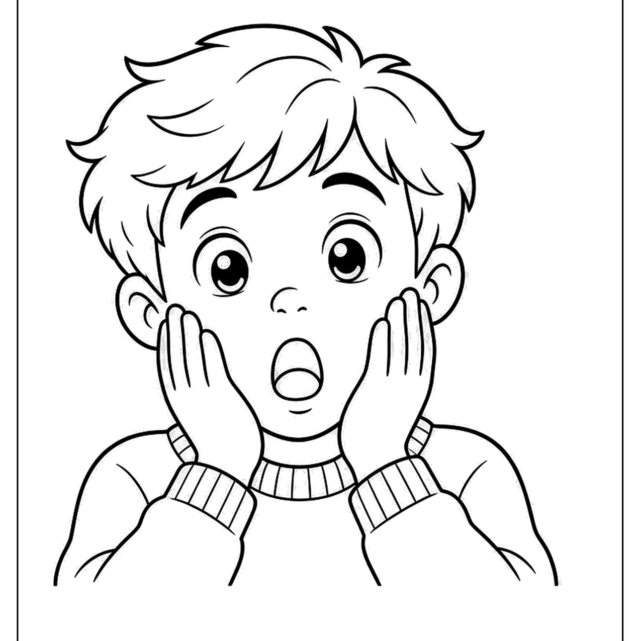 Boy with hands on his cheeks and a shocked face