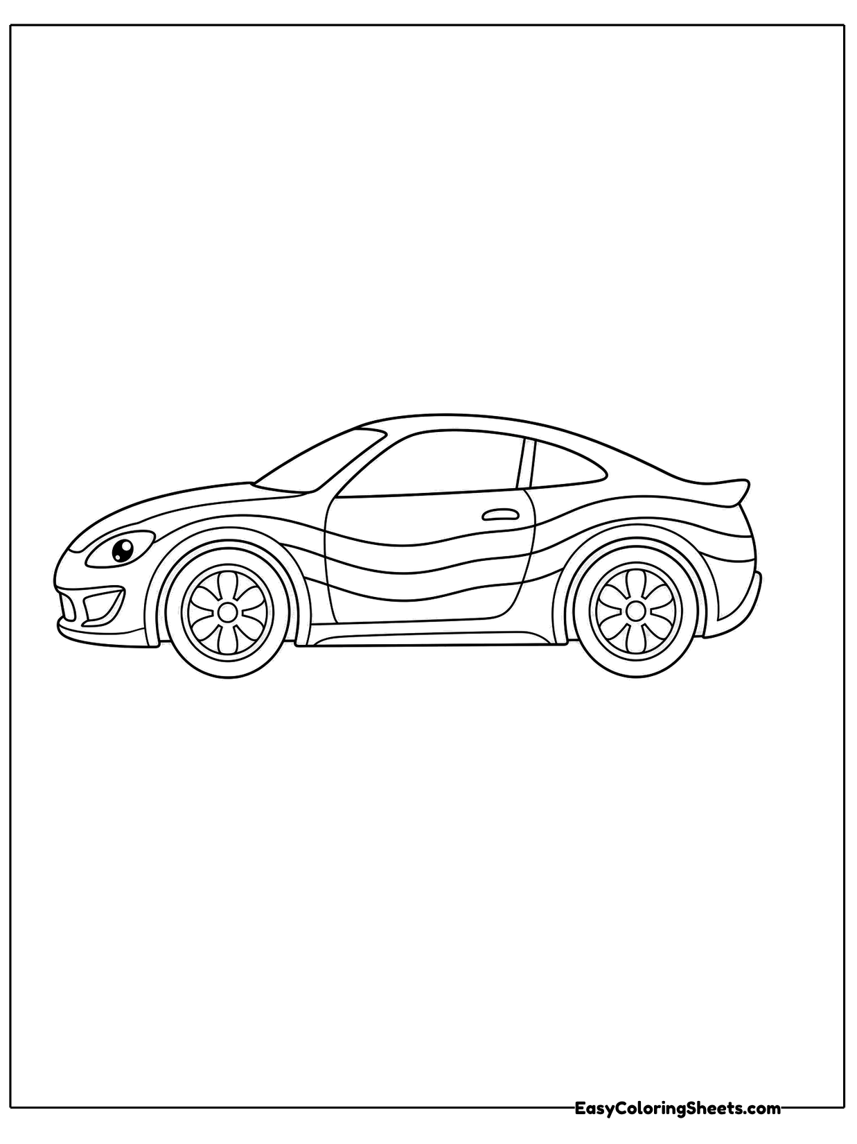 A sleek sports car with a low curved body, a rear spoiler and shiny wheels is drawn from the side.