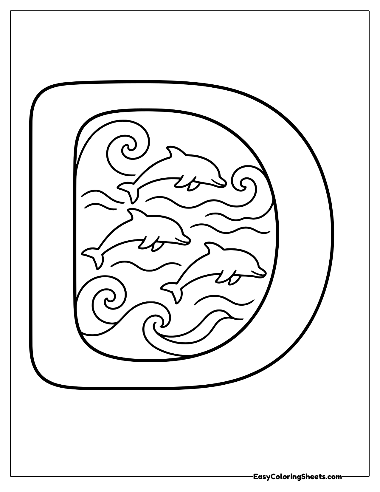 Bubble letter D filled with swimming dolphins
