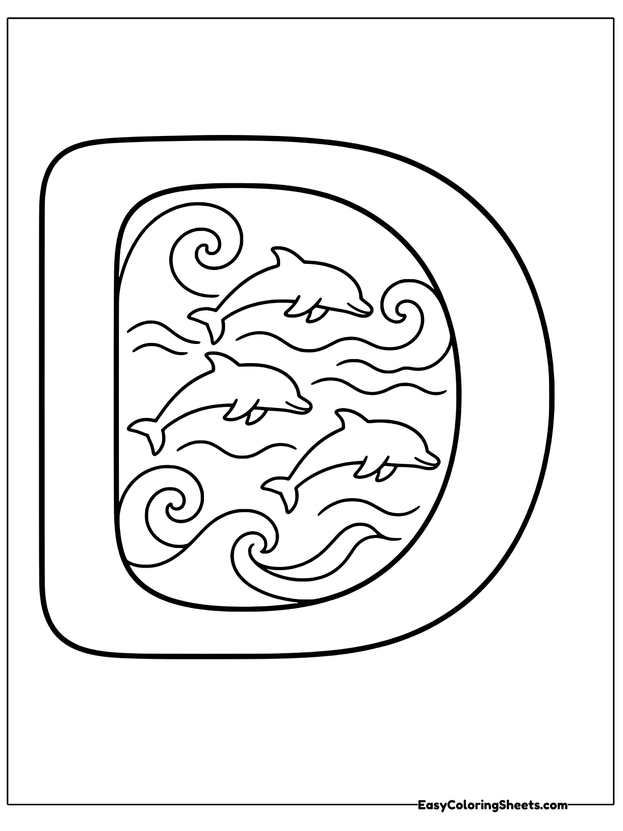 A big bubble letter D is filled with swimming dolphins and swirling waves.