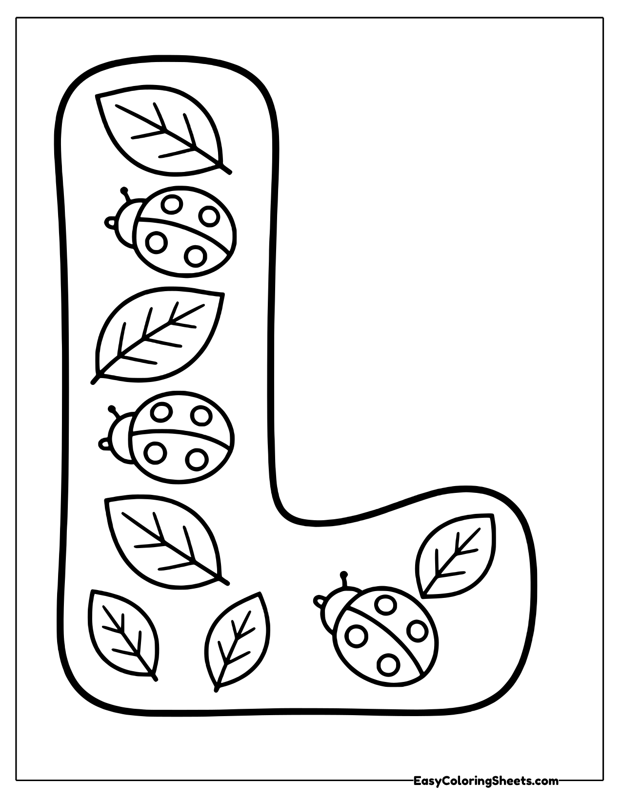 Bubble letter L filled with ladybugs and leaves