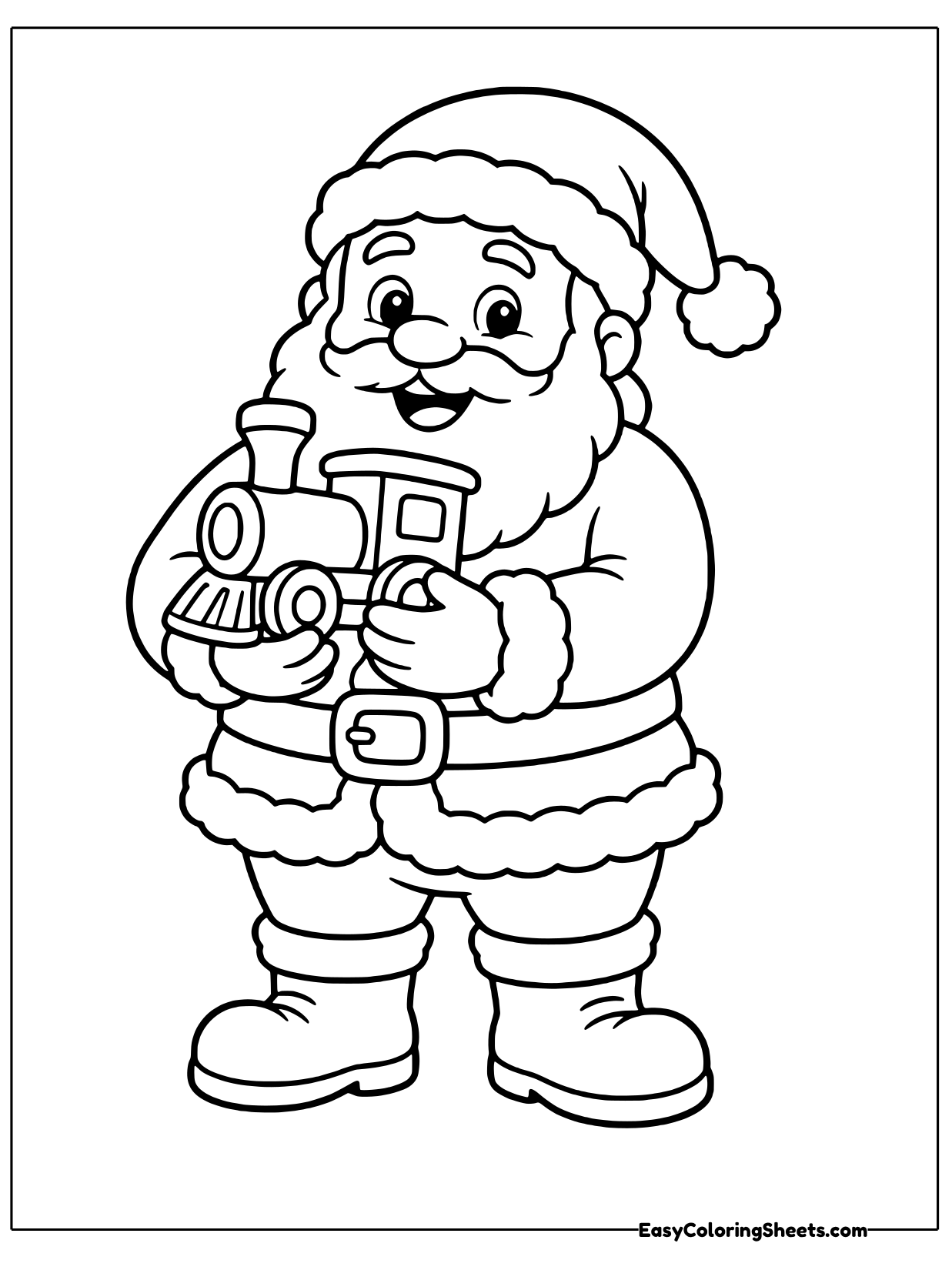 Fresh from the workshop, Santa holds up a toy train.