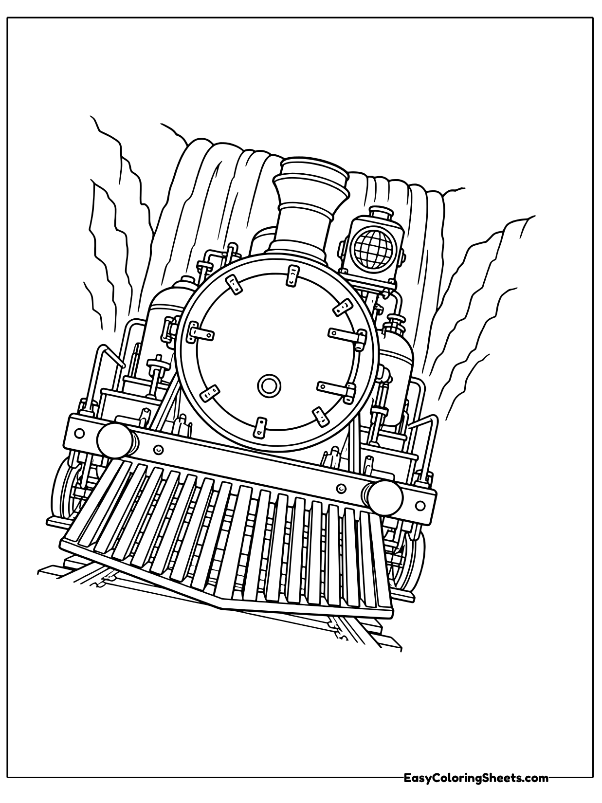 A steam locomotive rushes straight toward you with its round smokebox door, headlamp and wide cowcatcher.