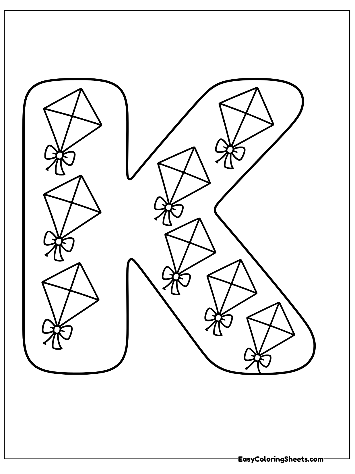 A big bubble letter K is decorated with diamond kites with bows on their tails.