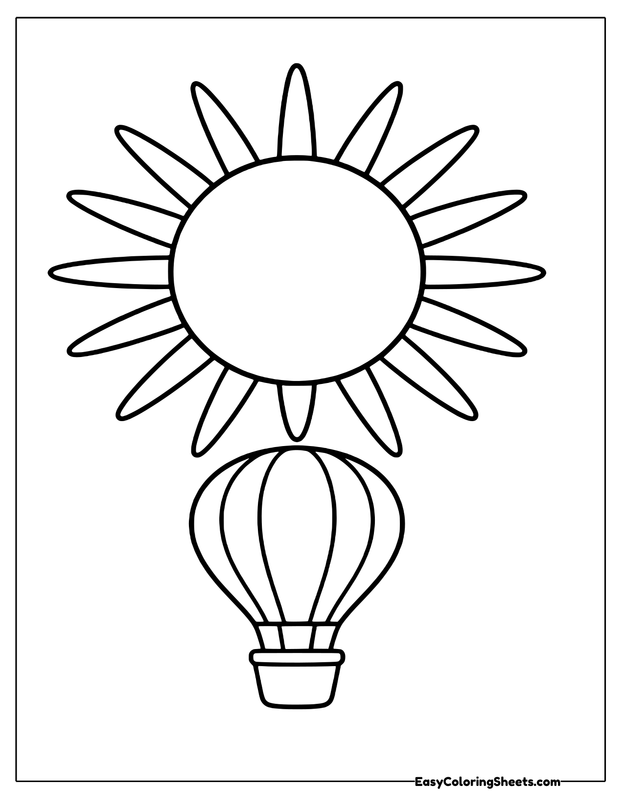 Giant sun with long pointed rays above a small striped hot air balloon