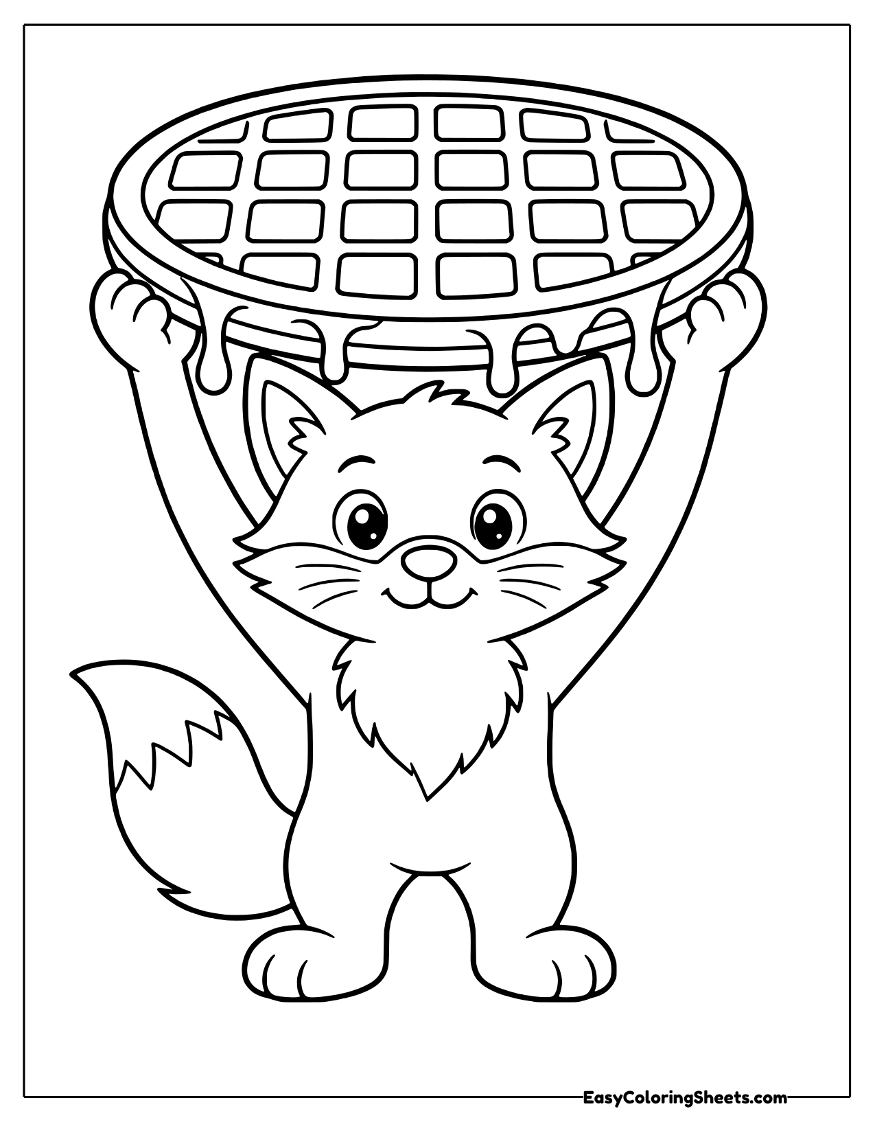 Happy fox lifting a round waffle with dripping syrup overhead