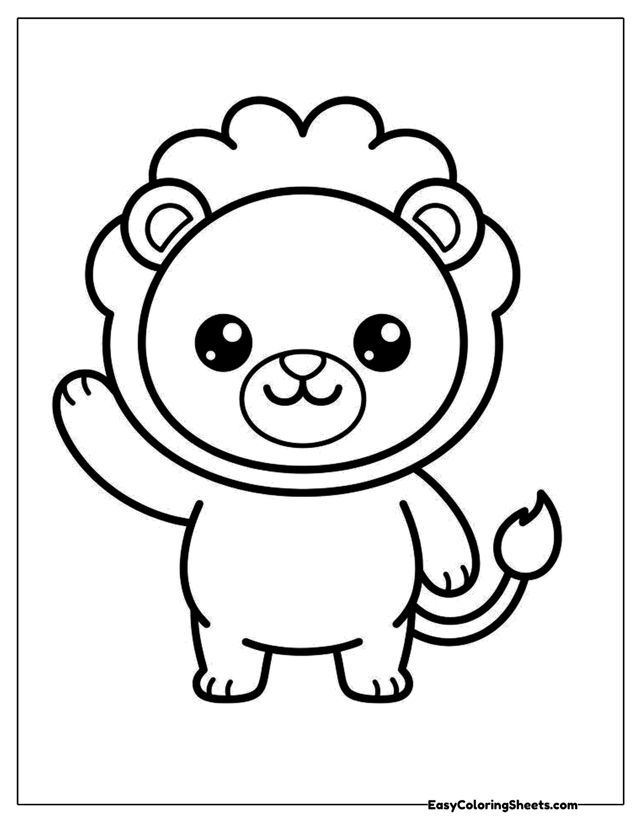 Cartoon lion with a curly mane waving one paw