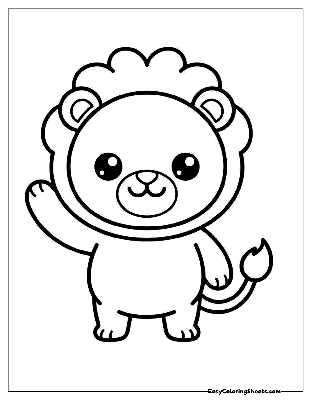 Cartoon lion with a curly mane waving one paw