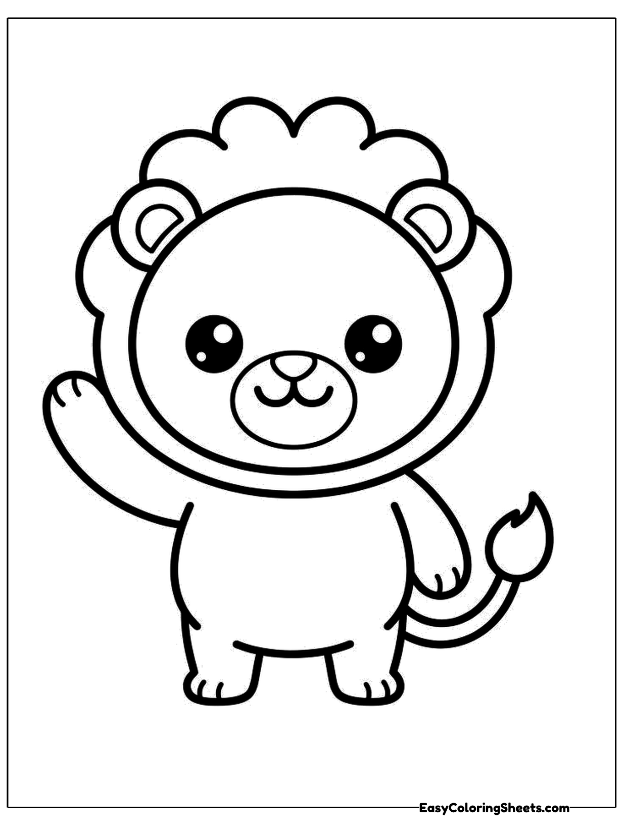 A happy cartoon lion sits upright and raises one paw in a wave.