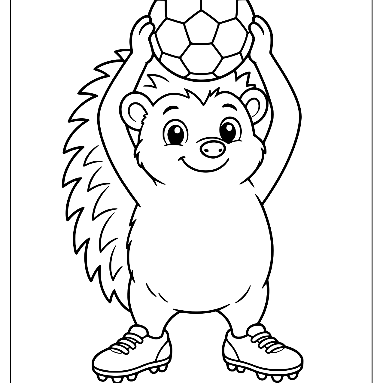 Sporty hedgehog in soccer cleats holding a ball overhead