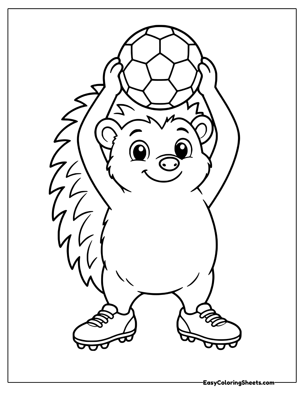 Sporty hedgehog in soccer cleats holding a ball overhead