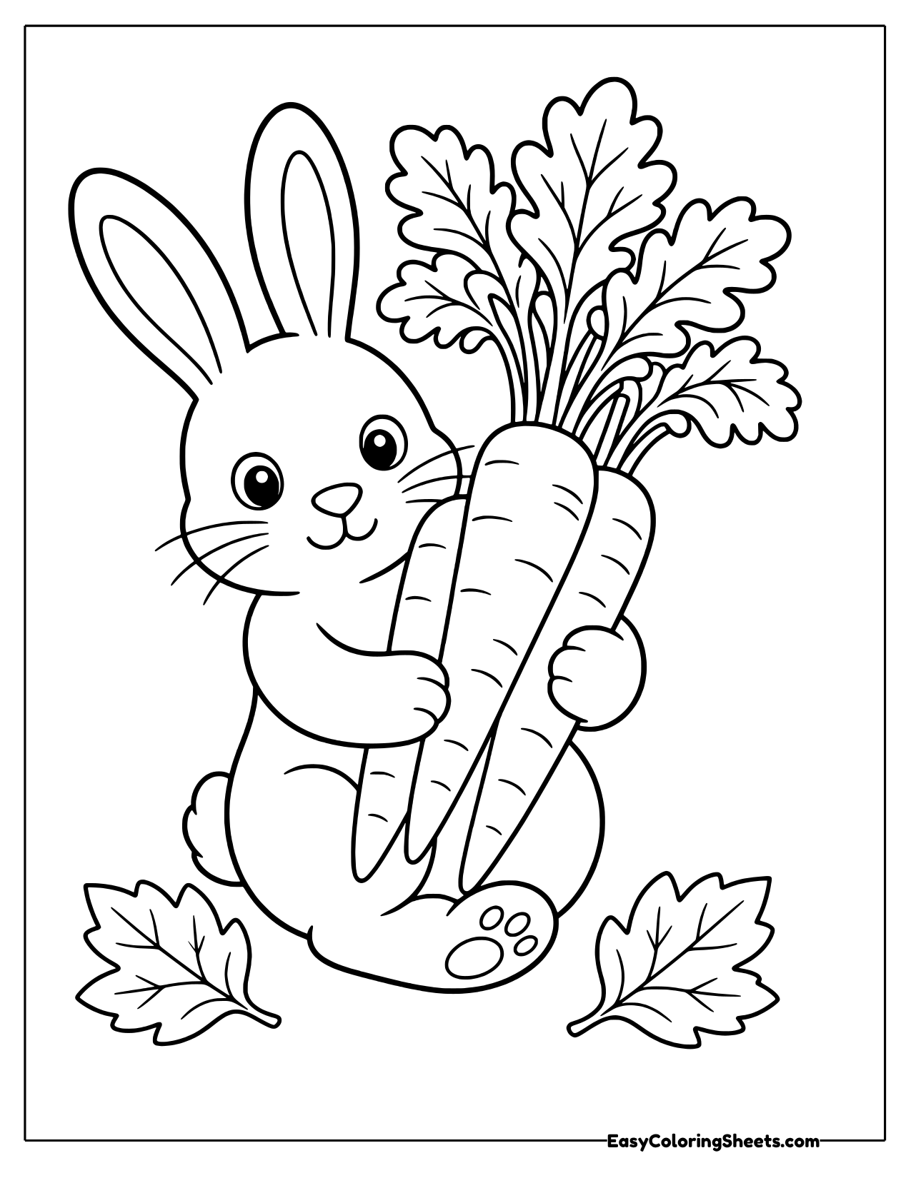 Bunny hugging a bunch of carrots with autumn leaves