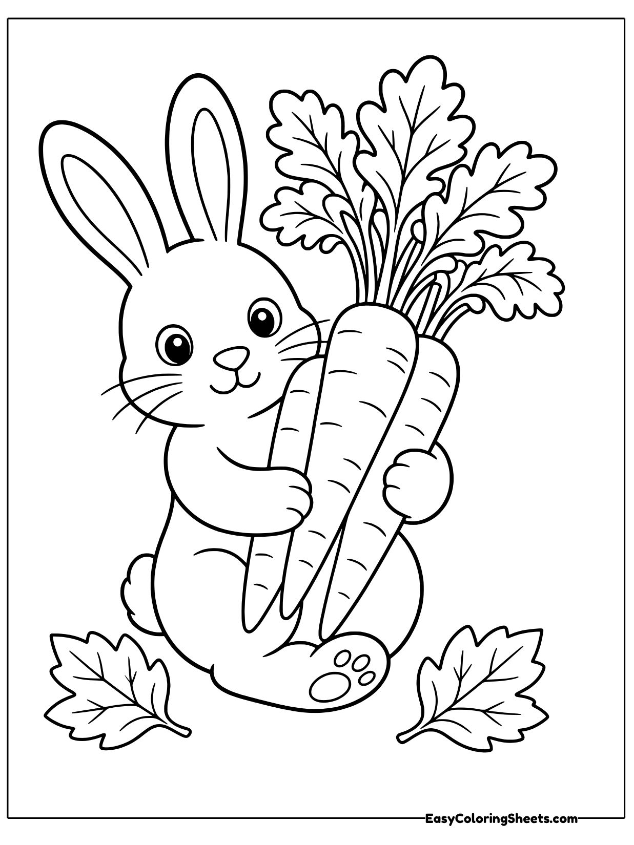 A sweet bunny hugs a big bunch of harvest carrots with leafy tops, sitting on a few autumn leaves.