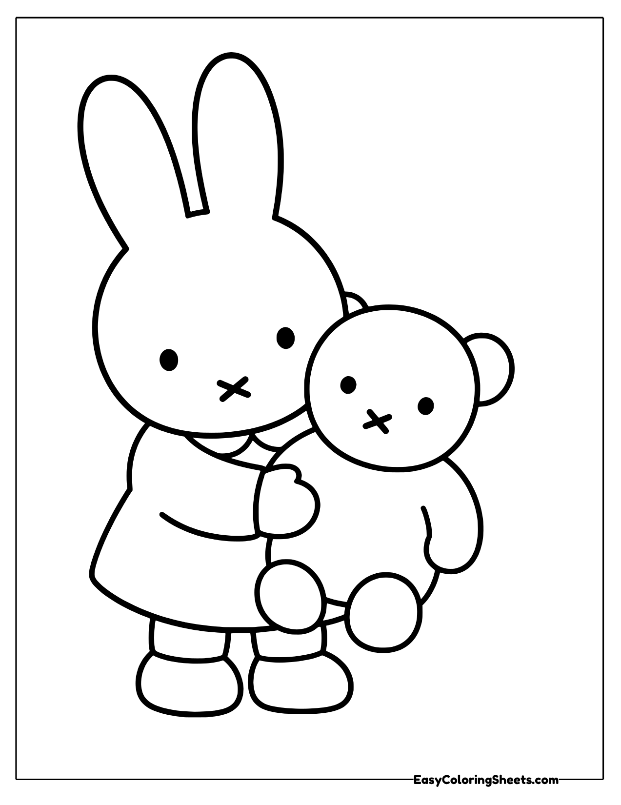 Miffy the bunny hugging a small teddy bear close to her chest