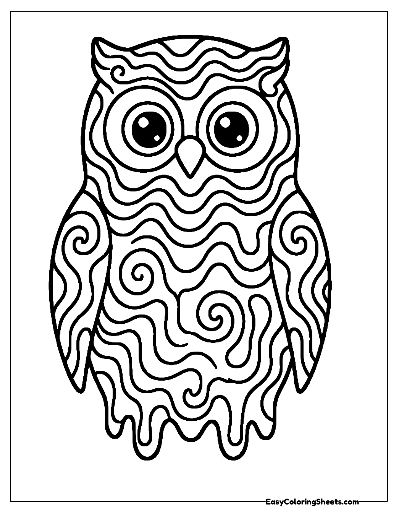 Round owl filled with wavy bands and curly swirls