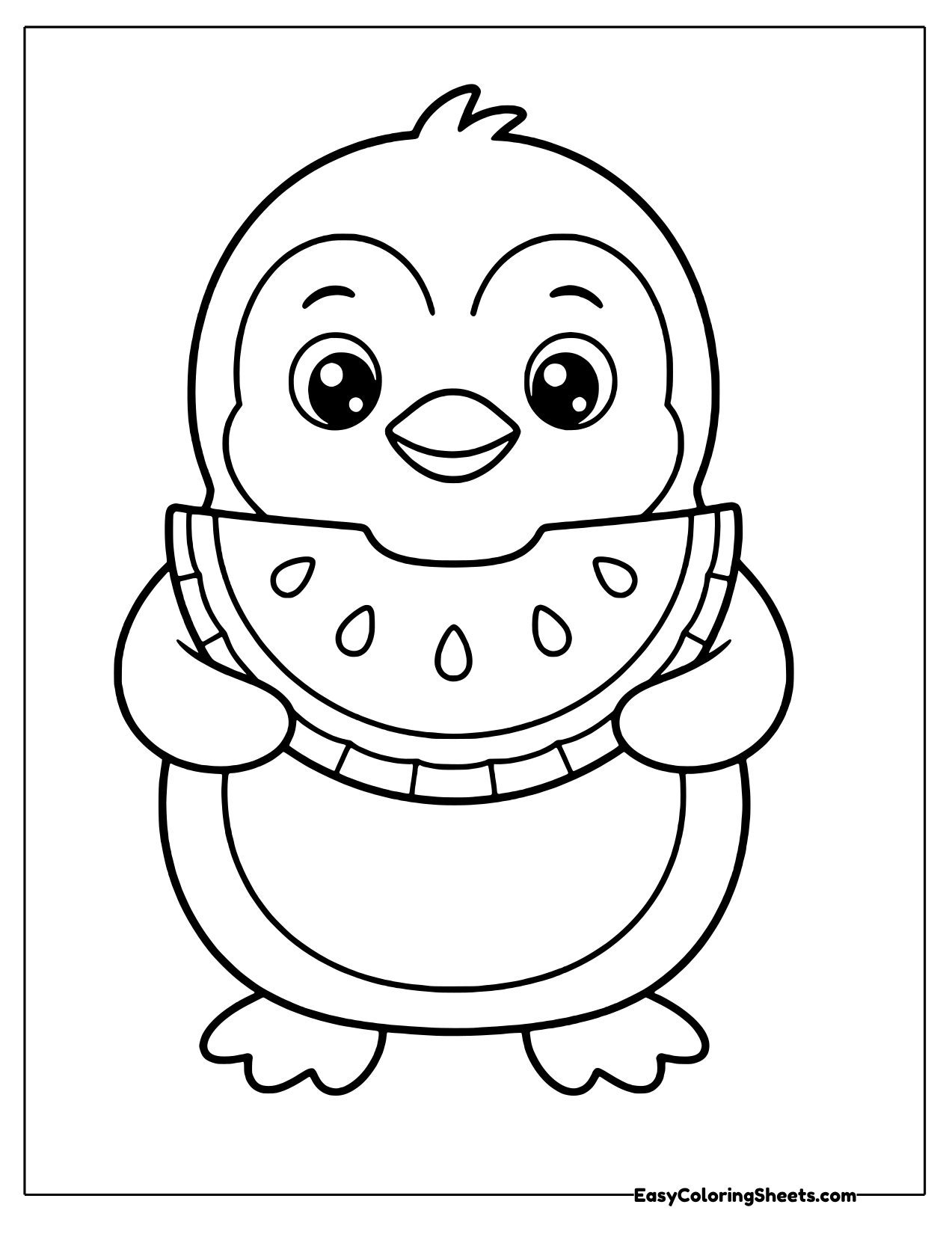Penguin holding a half moon watermelon slice