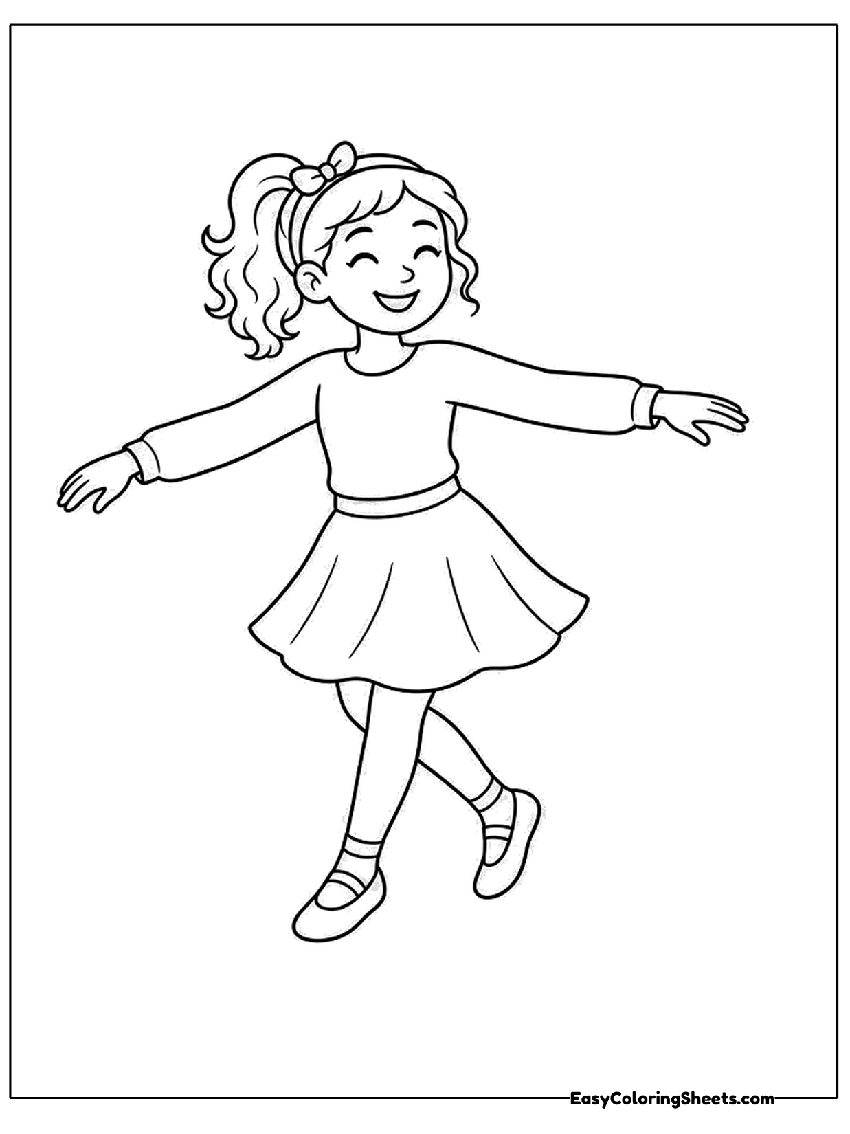 A smiling girl twirls with her arms spread wide and her skirt flaring out as she spins.