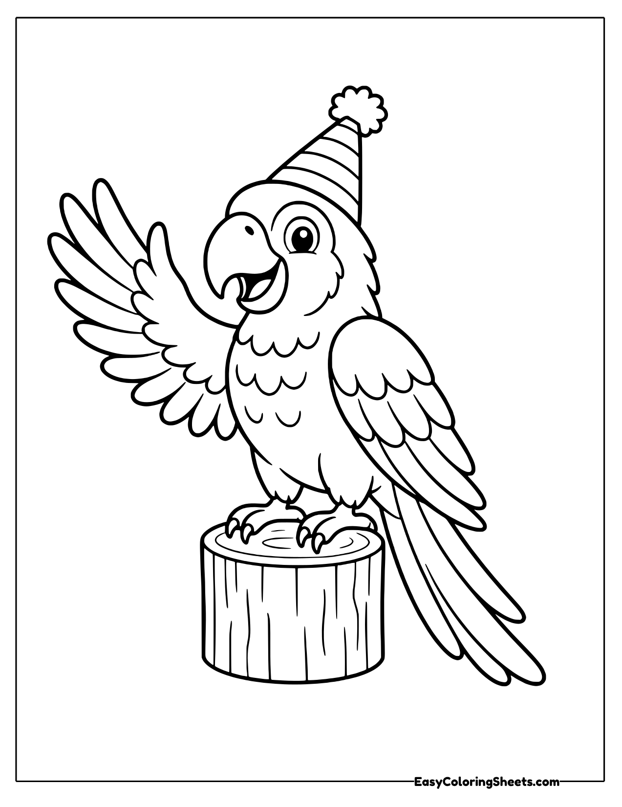 Macaw wearing a party hat on a tree stump
