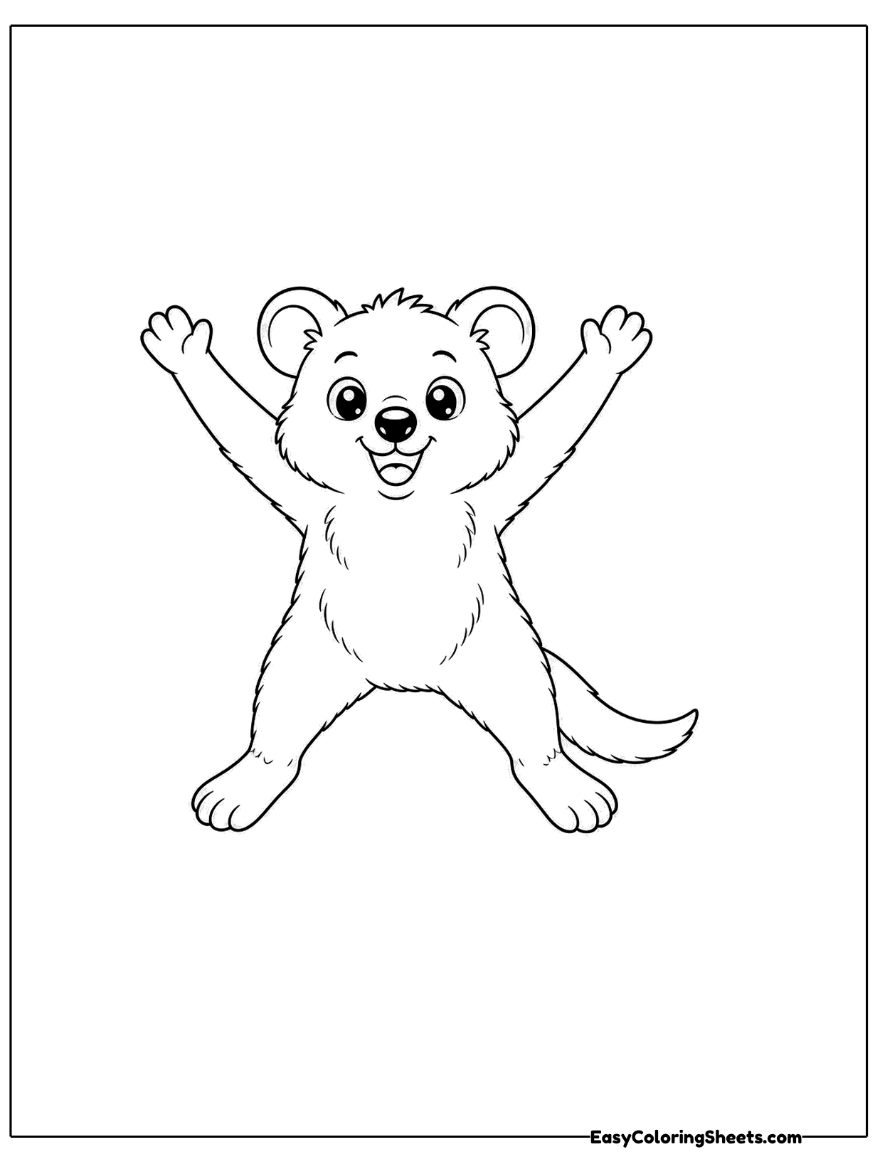 A quokka stands on tiptoe and stretches both arms high above its head in a big morning stretch.