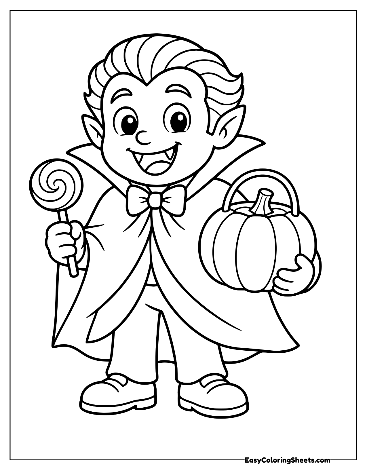 Vampire boy with a lollipop and pumpkin bucket