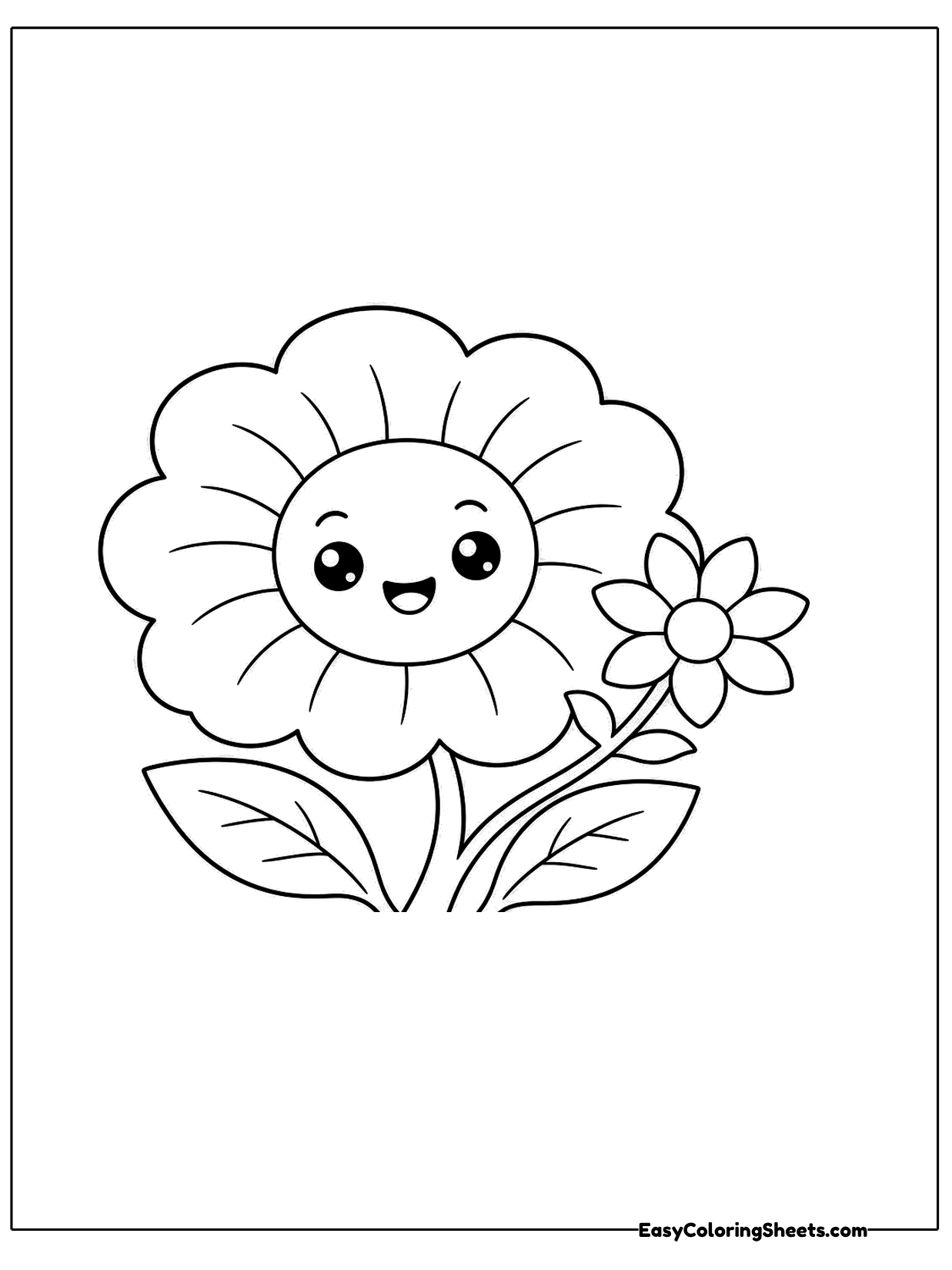 A big cheerful bloom with a happy face grows beside a much smaller flower with its own petals.