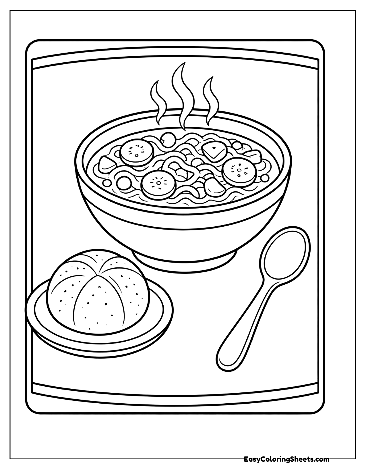 Vegetable soup with a bread roll and a spoon