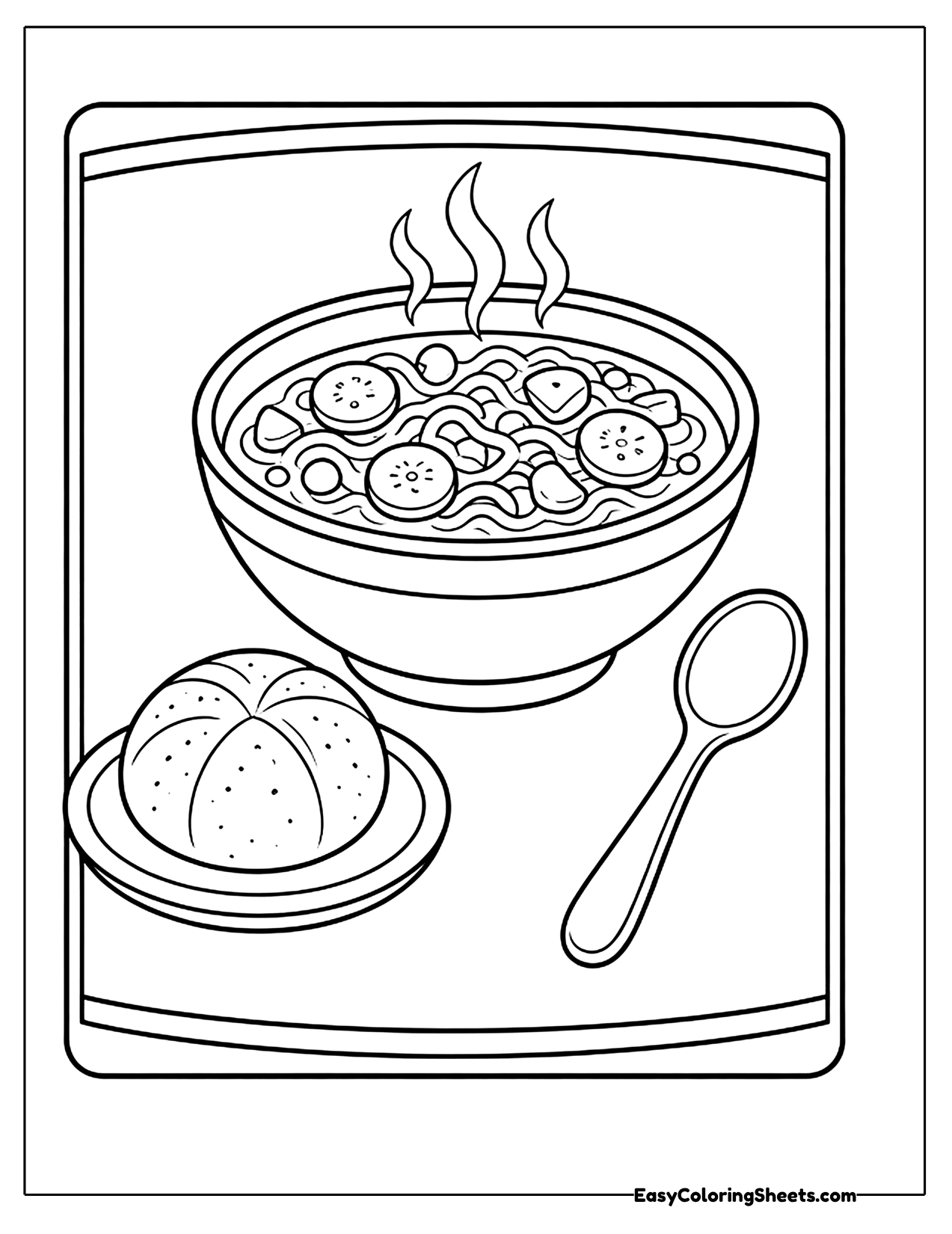 Vegetable soup with a bread roll and a spoon